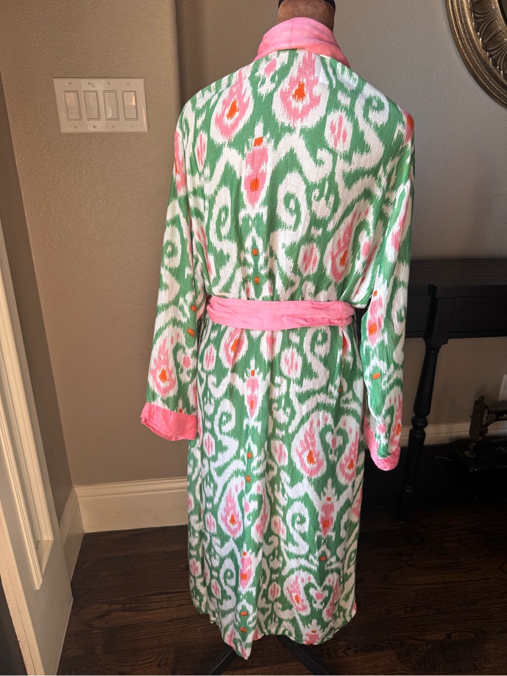 One Hundred Stars Ikat Robe Kimono Duster Pink Green Belted Modal Viscose OS - Picture 6 of 13